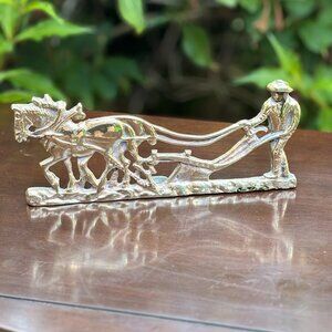 Vintage Brass Farmer and Horse Plow Figurine Rustic Mantel Display Country Farm